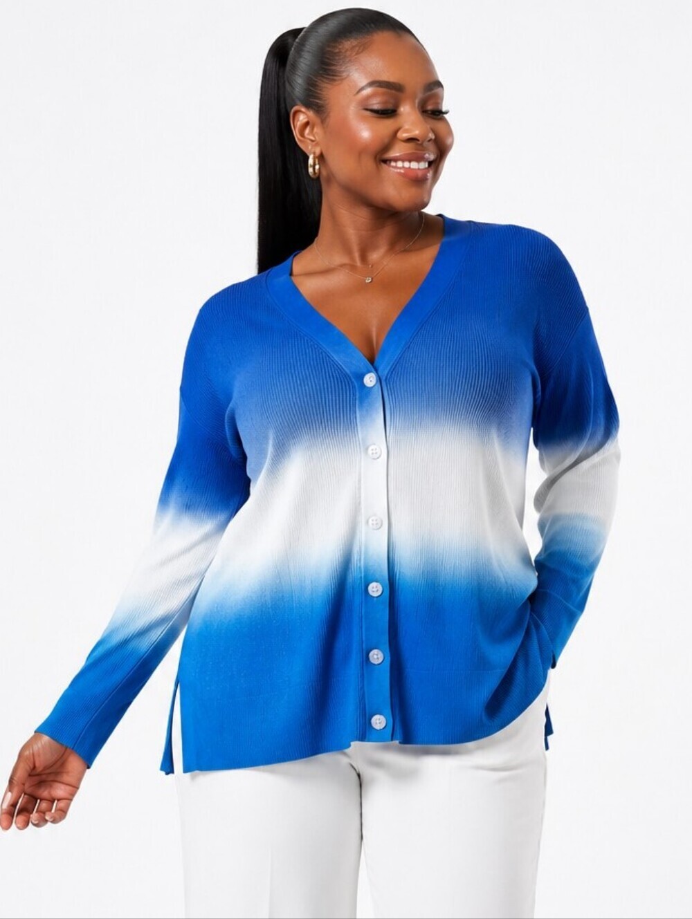 Talbots Blue Ombre Ribbed Knit Cardigan Sweater – Size Large.
